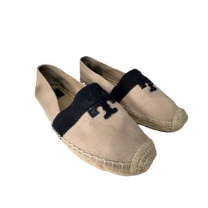 Tory Burch Espadrilles Flats Beige Canvas Black Logo Slip On Shoe Women's Size 8